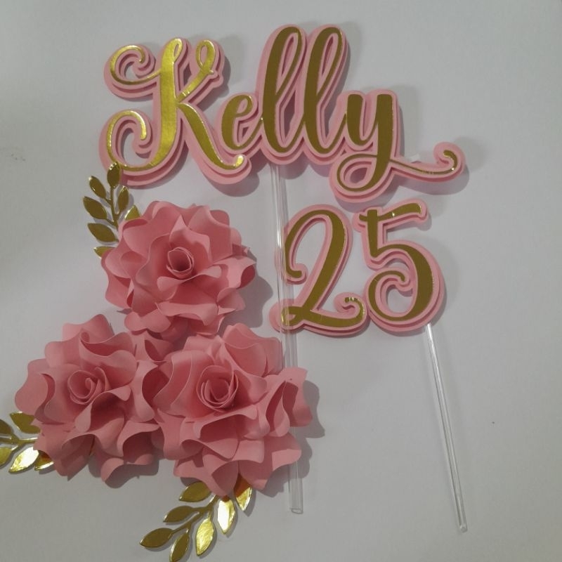 Topo Topper de bolo 3D personalizado com nome idade e 3 flores, COR ...