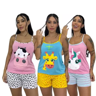 Kit com 2 Baby Doll Alcinha Feminino Estampada Fresquinho Malha Short Confortável Curto Roupa de Dormir Adulto Dejule em Oferta na Shopee