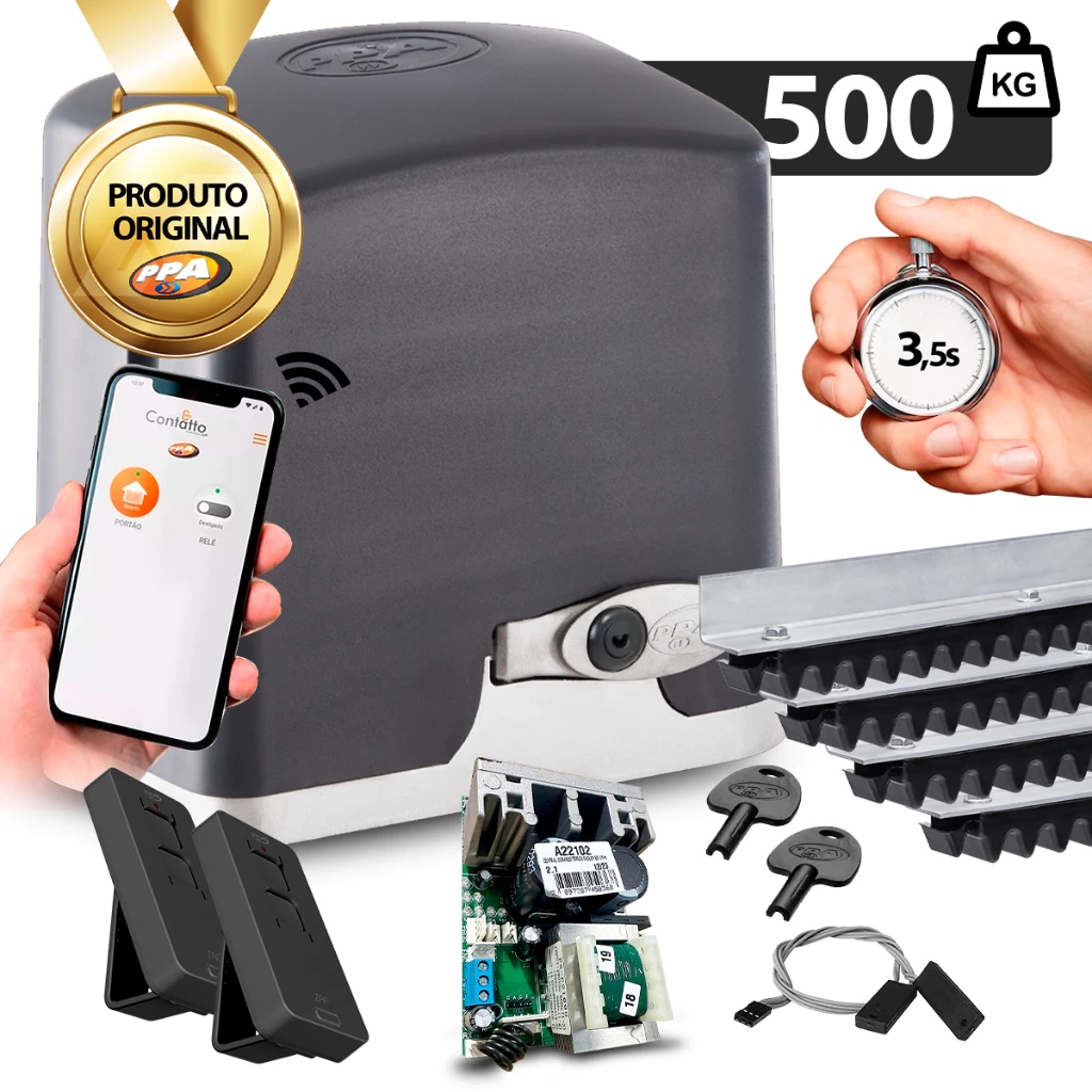 Kit Motor Acesso Via APP Rapido Dz Rio500 Jetflex Bivolt Completo 500kg + 3m Cremalheira e Contatto WiFi