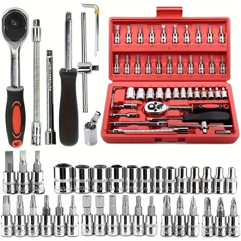 Kit De Ferramentas 46 Peças Jogo De Soquetes Chave Catraca Reversível Com Maleta Jogo Completo