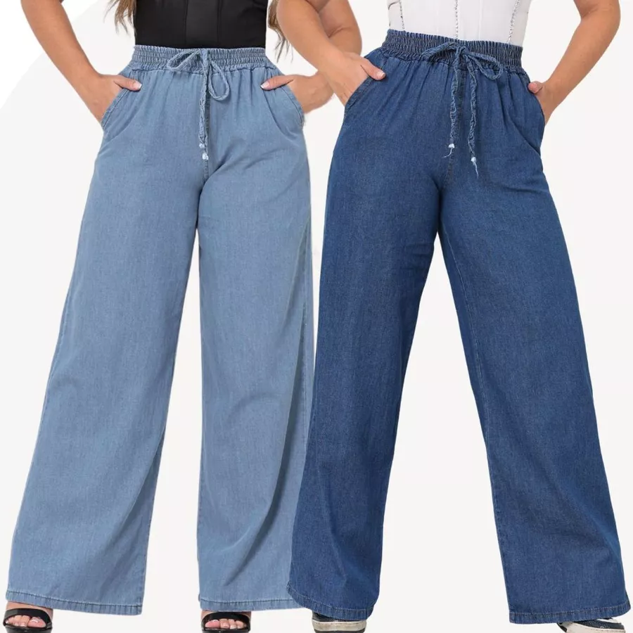 Calça Jeans Feminina Pantalona Wide Leg Cintura Elastico 