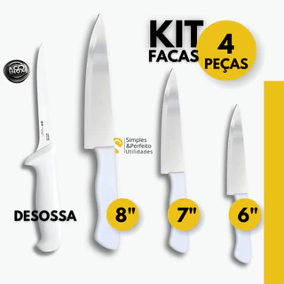 Kit 4 Facas de Aço Inox 6,7,8 + Desossa Cozinha Churrasco Açougue Uso Profissional e Donas de Casa