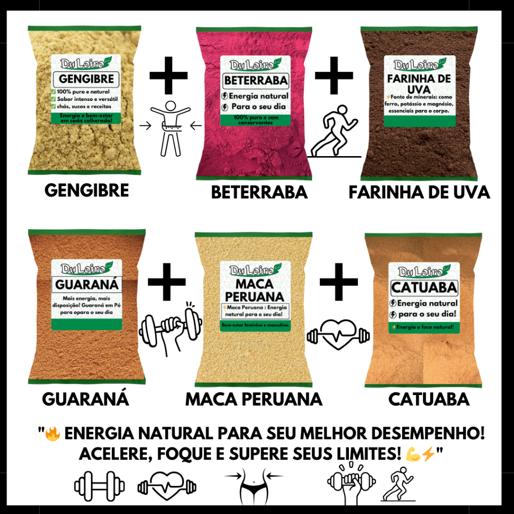 Gengibre Guaraná Catuaba Maca Peruana Beterraba Farinha de Uva (Mais Energia e Desempenho) 100grs