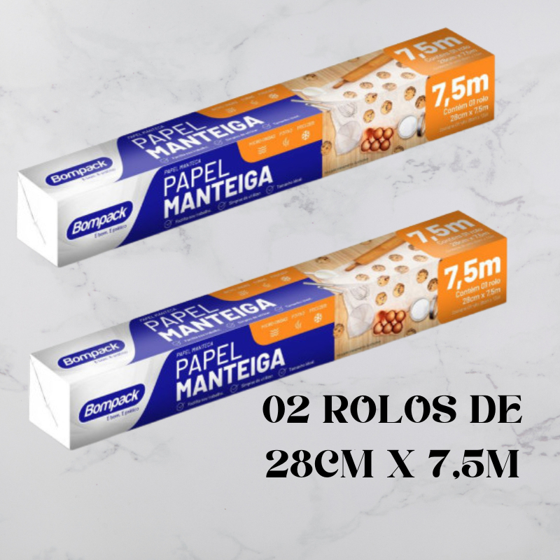 02 UNIDADES, ROLO DE PAPEL MANTEIGA ANTI ADERENTE 28CM X 7,5 MTS