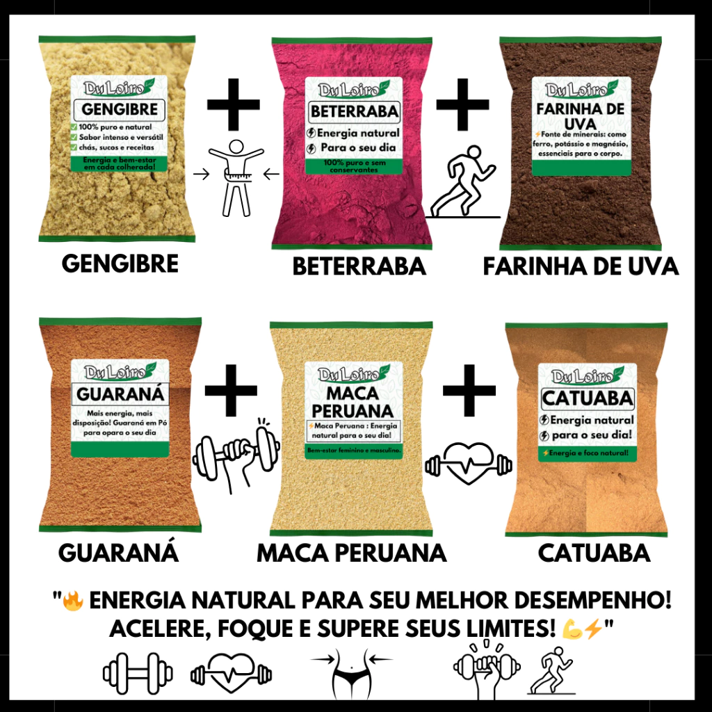 Super Energético Natural Beterraba em Pó Farinha de Uva Guaraná Gengibre Maca Peruana Pura Catuaba