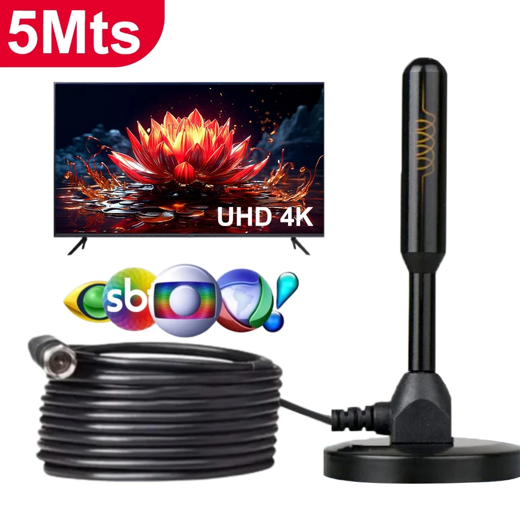 Antena Digital 5 metros interna Sinal TV HDTV Base Imã Externo a...