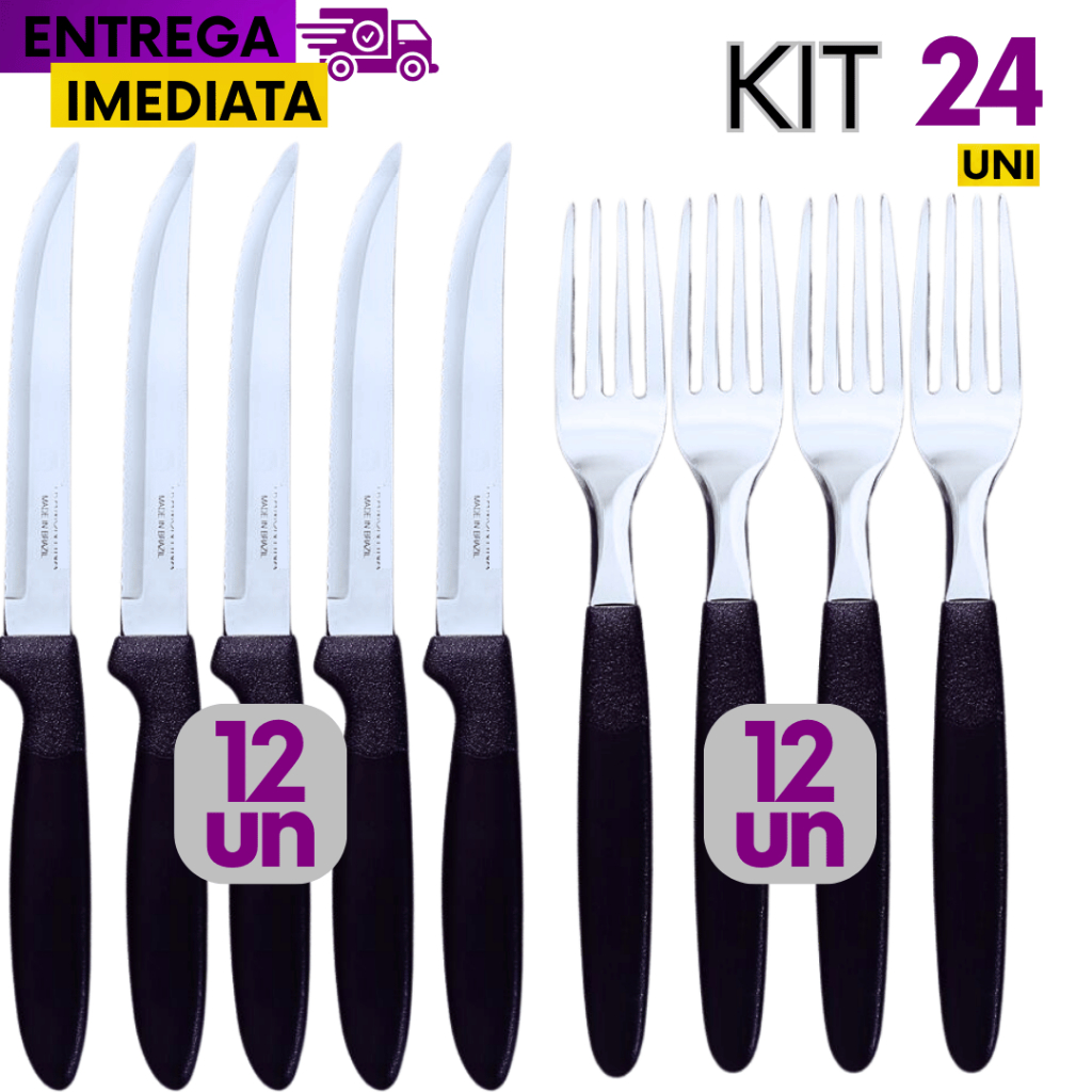 24 Unidades Talher 12 garfo 12 Faca Linha Colorida Preto Inox Premium Cabo Plástico Mesa Cozinha