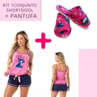 Kit 1 short doll Adulto + 1 pantufa Feminina Adulto  Verão personagens blogueira  Alcinha Stitch festa do Pijama em Oferta na Shopee