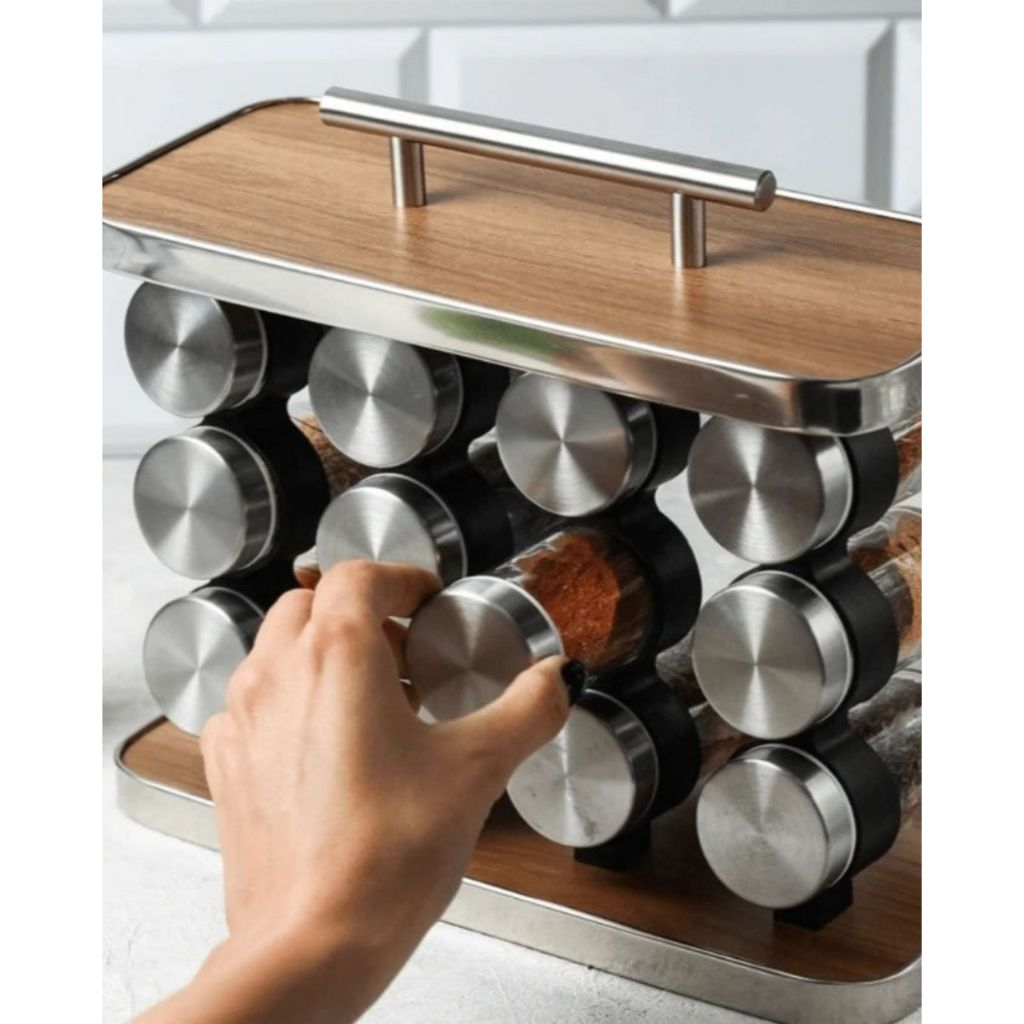 Porta Temperos de Aço Inox com Alça + 12 Potes de Vidro 130ml