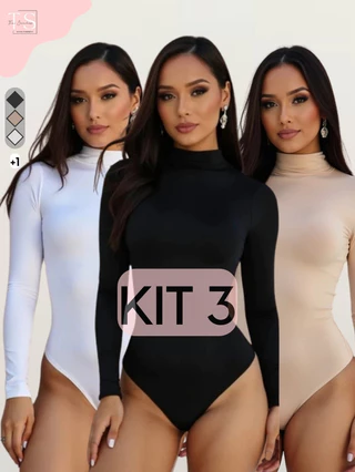 KIT 3 Body Feminino Suplex manga longa gola alta CACHARREL SEGUNDA PELE
