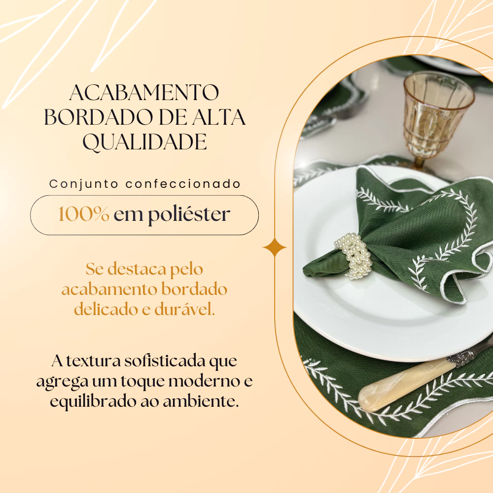 Banner informativo apresentando o conjunto na cor verde com detalhes em bordado branco e informações sobre a qualidade do material