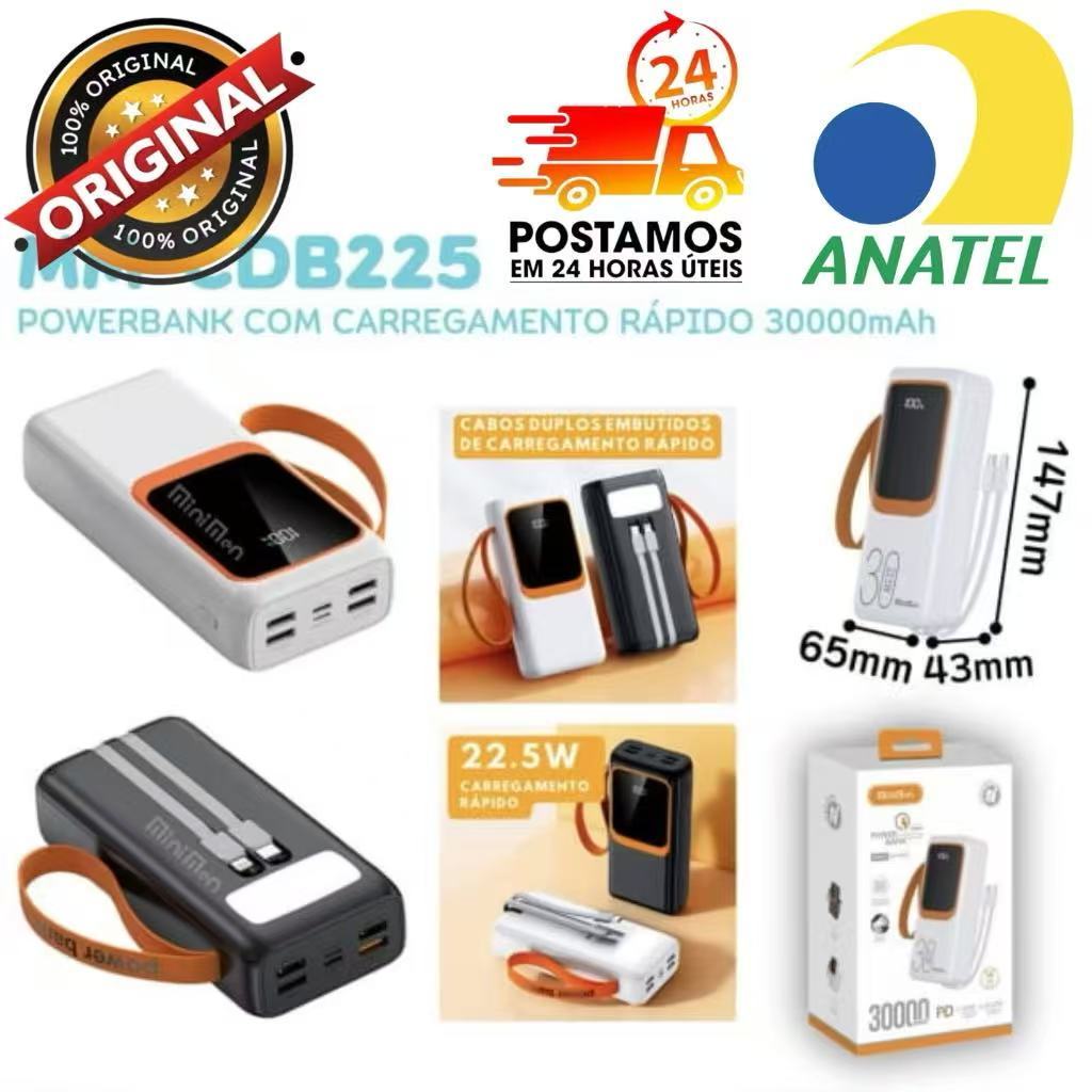 Carregador Power Bank Portátil 30000mah Pd 22,5W Rápido Com Lanterna Led Peining WUP945