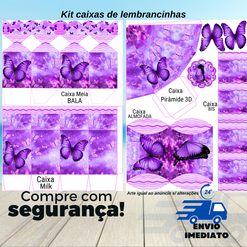 Envio24H -BORBOLETA ROXA KIT FESTA 30/60/90/120 CAIXAS MILK/PIRÂMIDE 3D ...