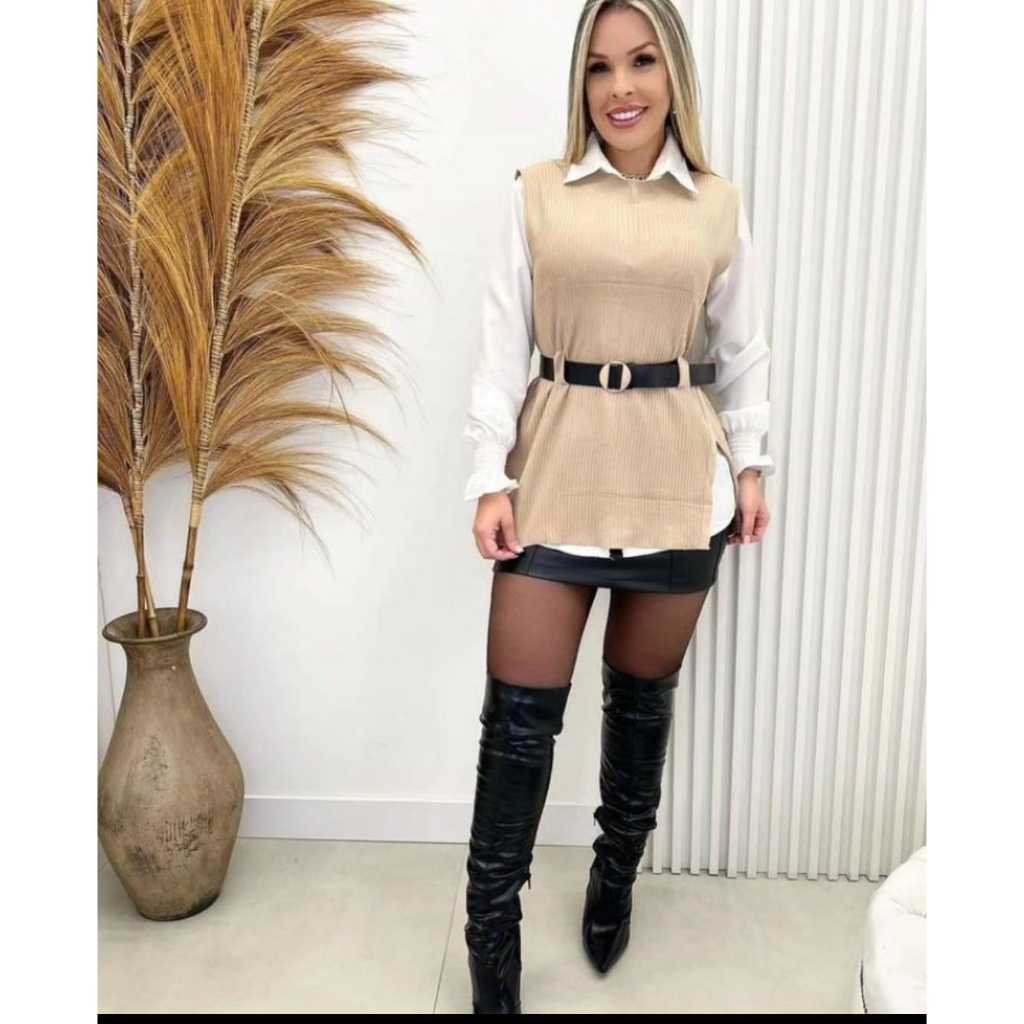 Colete de Lã Camisa Xamize Manga Longa 100% Algodão e Cinto