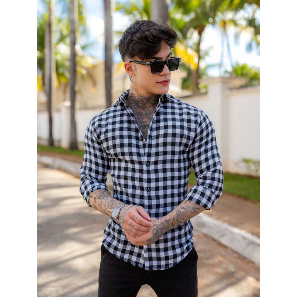 Camisa Xadrez masculina slim fit flanelada manga longa - look de ...