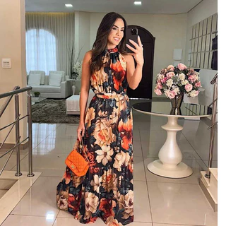 Vestido feminino longo estampado floral com Gola Alta coleção verão. em Oferta na Shopee
