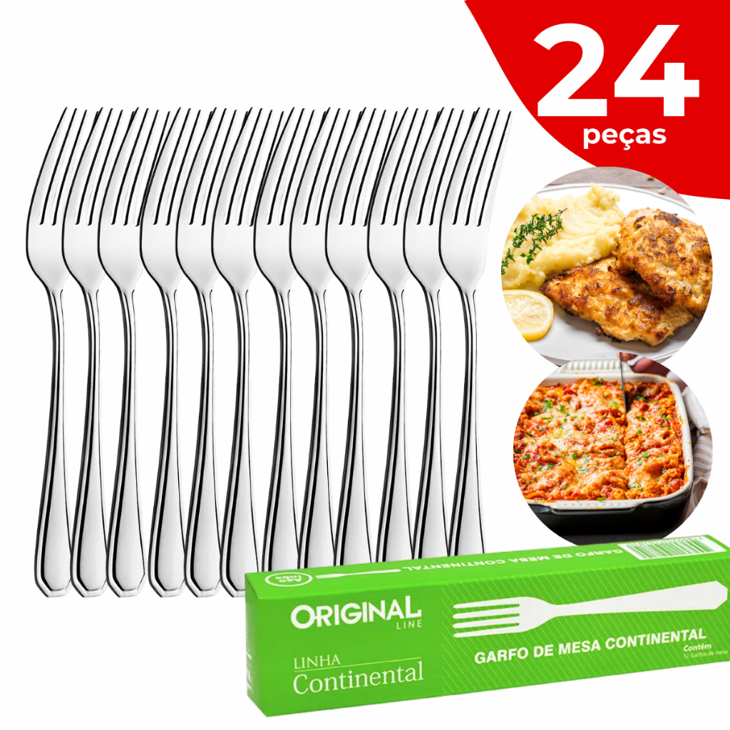 Kit 24 Garfos de Mesa Aço Inox Continental Original Line Restaurante Cozinha Buffet