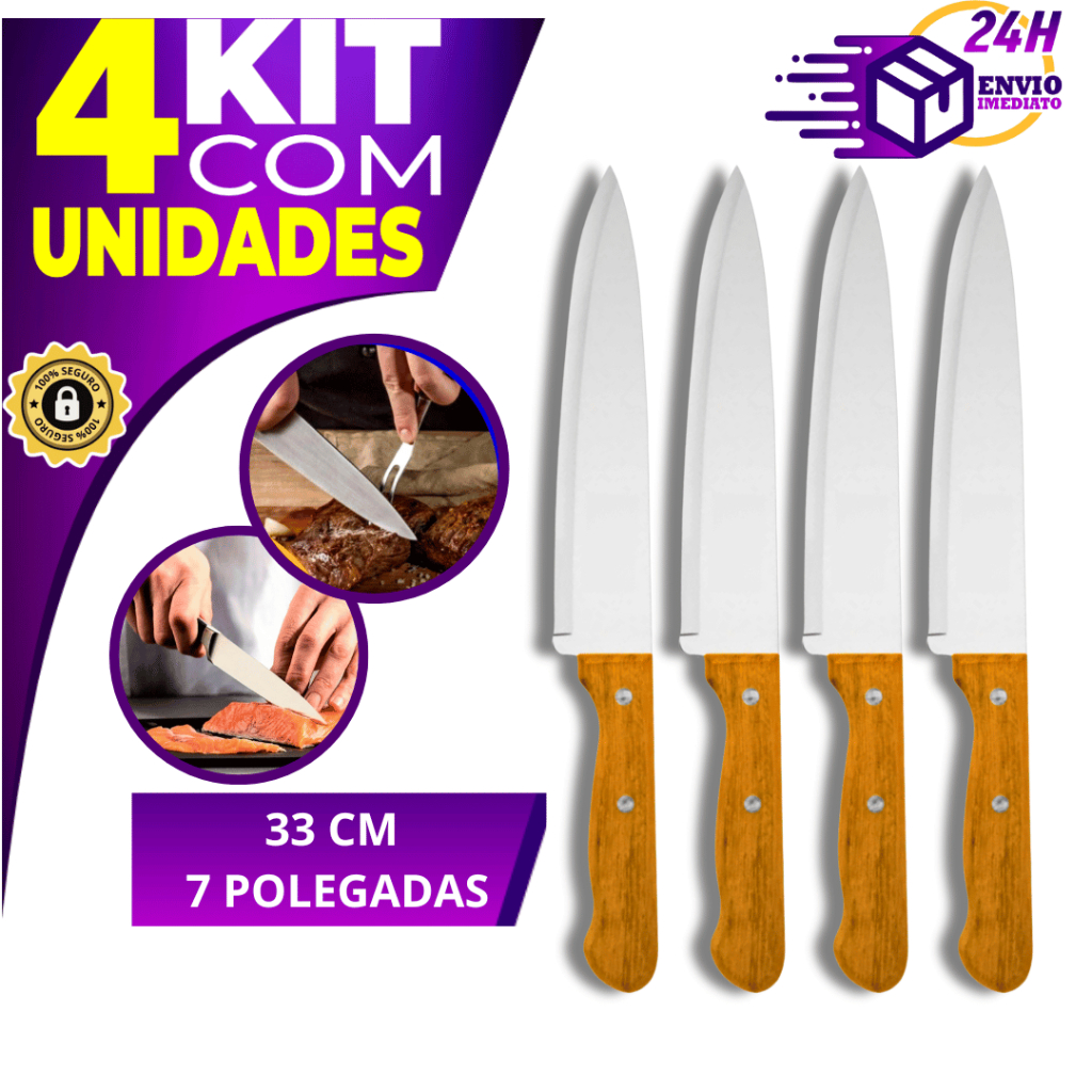 Kit 4 Faca de Cozinha Profissional 7" Do Chef Aço Inox e Cabo Madeira ...
