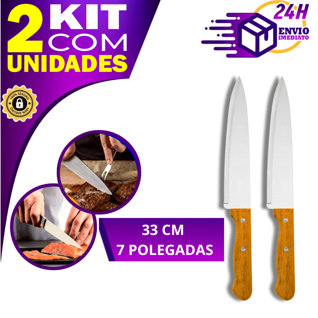 Kit 2 Faca de Cozinha Profissional 7" Do Chef Aço Inox e Cabo Madeira ...