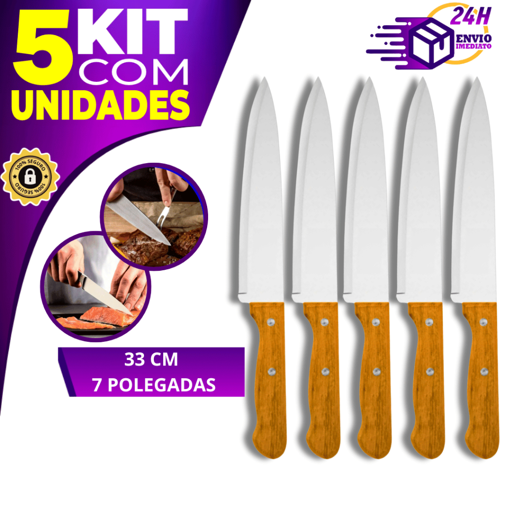Kit 5 Faca de Cozinha Profissional 7" Do Chef Aço Inox e Cabo Madeira ...