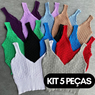 KIT 5 PEÇAS Cropped Top Alcinha Tijolinho moda tricot feminino blogueira combo tricô