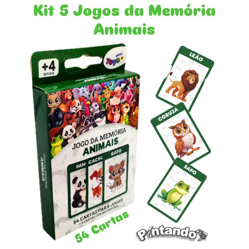 Kit 5 Jogos da Memória Animais 54 Cartas Grandes Jogo de Raciocínio ...