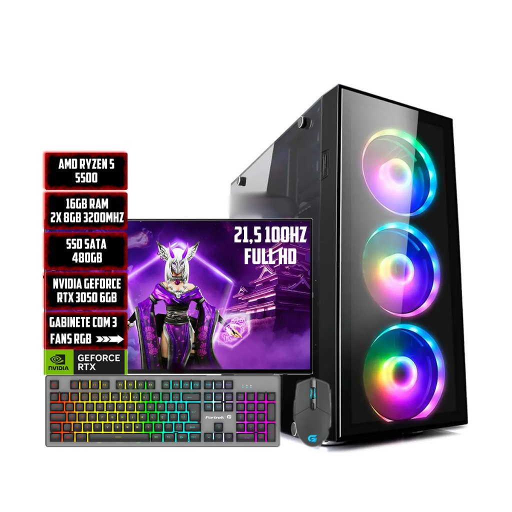 PC GAMER COMPLETO R5 5500/16GB/SSD 480GB/RTX 3050 6GB/MONITOR 21,5
