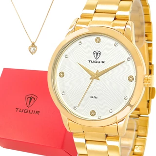 Relógio Feminino Dourado Tuguir Com garantia de 1 ano Original acompanha colar