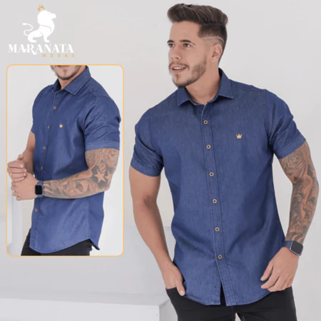 Camisa jeans masculina slim fit manga curta algodão botões