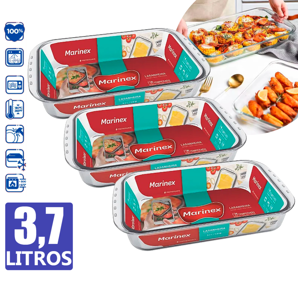 Jogo Kit 03 Assadeira Lasanheira Retangular Vidro Refratário 3,7LT ...