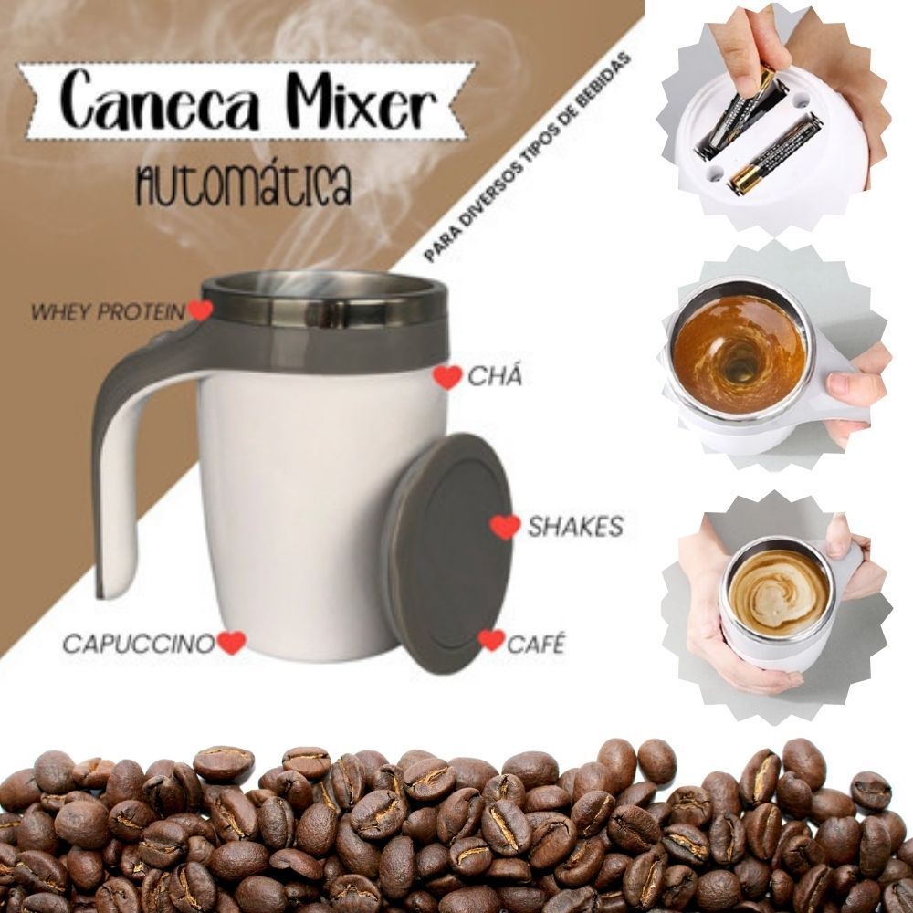 Caneca Mixer Automática 380ml Copo Inox e Coador Portátil - café/chá/cappuccino/shakes
