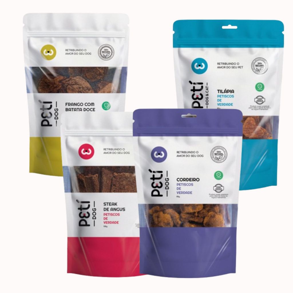 Petiscos Peti Tilápia, Cordeiro, Steak Angus e Frango com Batata 100% Natural Cão e Gato 80g e 100g em Oferta na Shopee