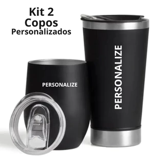 Kit De Copos Térmicos Em Aço Inox - 340Ml / 500Ml - Preto - 2 Pçs - Personalizado