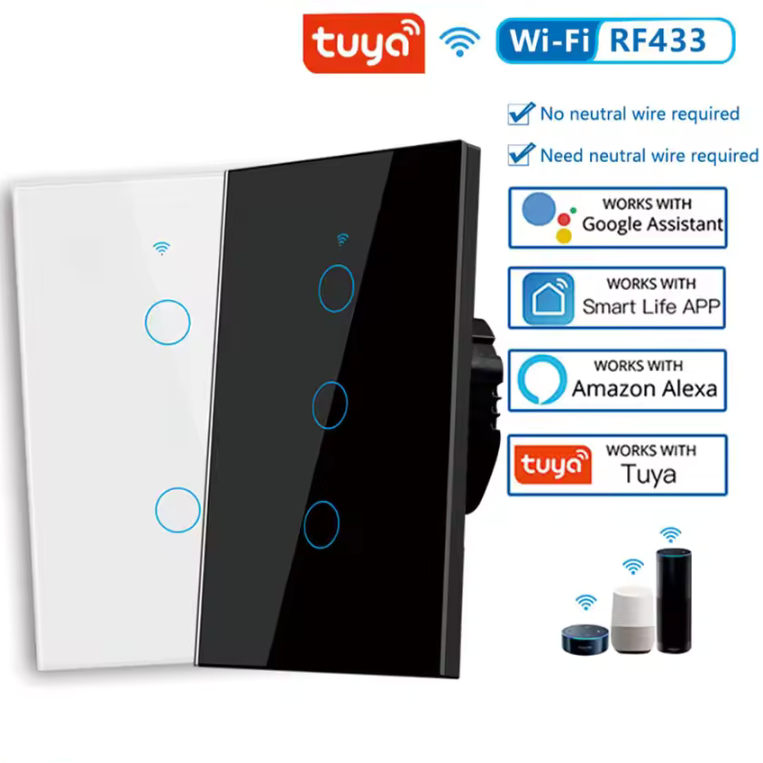 Interruptor Wi-Fi Inteligente Tuya Preto 1 a 4 Botões - Com ou Sem Neutro