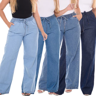 Calça Jeans Feminina Wide Leg Cintura Alta Pantalona Tecido Leve 100% Algodão em Oferta na Shopee