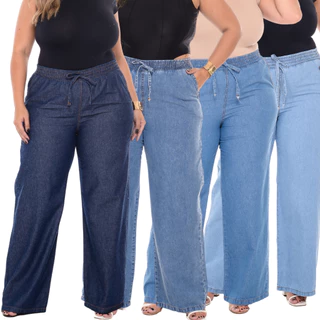 Calça Wide Leg Plus Size Jeans Feminina Cintura Alta Pantalona Tecido Leve em Oferta na Shopee