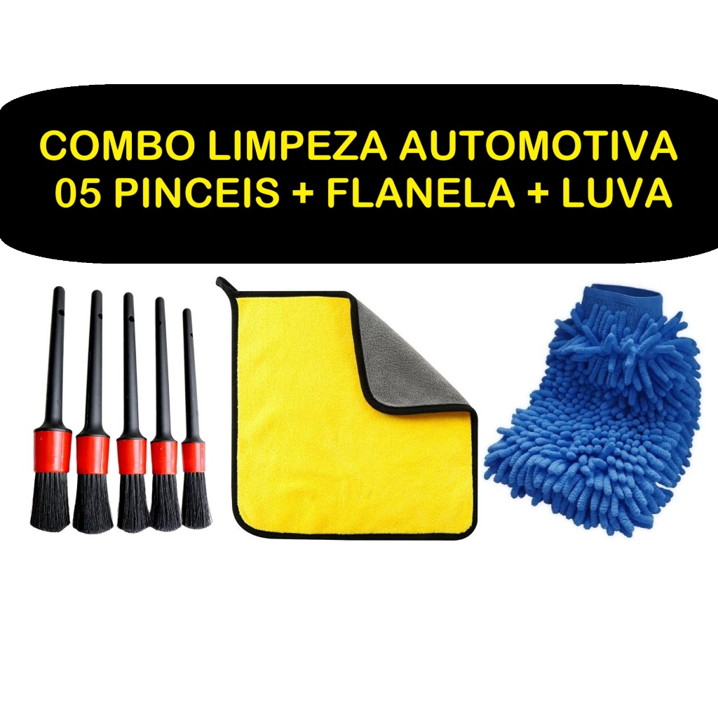 Kit Limpeza Automotiva 05 Pincéis limpeza Automotivas + Flanelas Toalhas Panos Microfibra 40x30 60x30 + Luva Microfibra