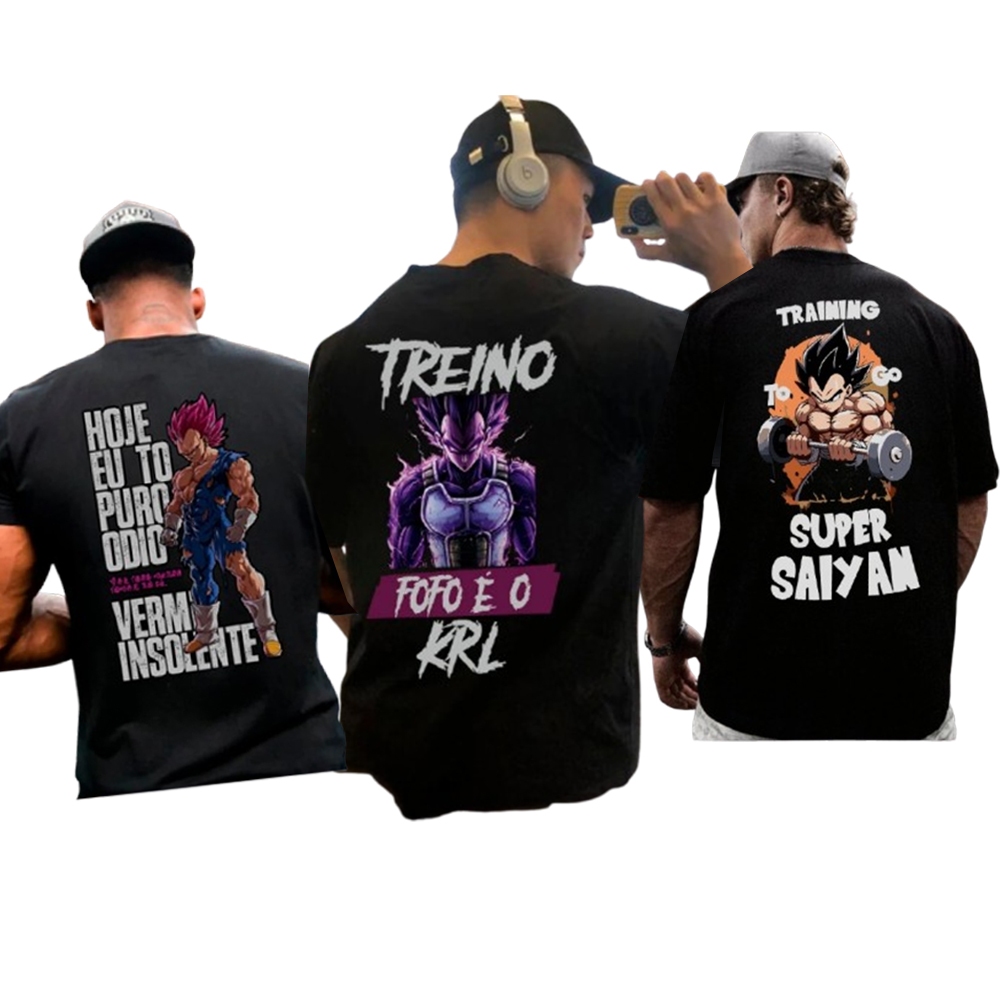 Kit Premium Oversized Vegetas Academia Ar Livre Musculacao 3 Camisetas Para Musculacao Unissex