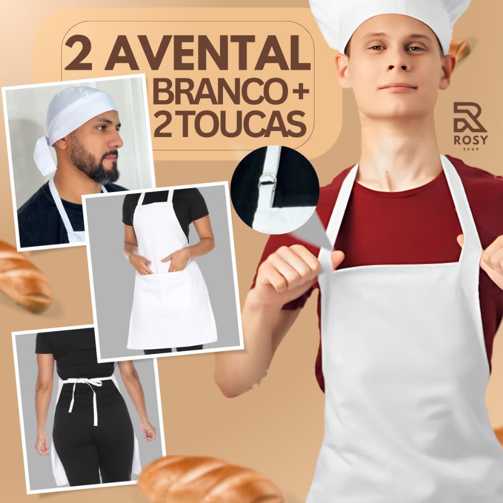 Kit 2 Avental Com Bolso Ajustável e 2 Touca Kit Corpo Inteir