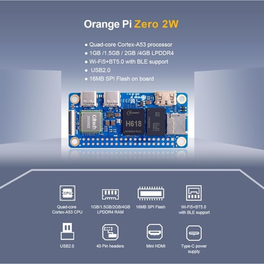 Orange Pi Zero 2W Placa de Desenvol, PC de Placa Única, 1GB, 2GB