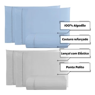 Kit 2 Jogo de Lençol 100% algodão 200 fios com Ponto Palito Solteiro, Casal, Queen e King em Oferta na Shopee
