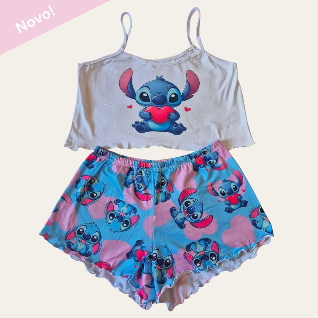 Pijama Curto Feminino De Verão Lilo Stitch Blusa E Short Baby Doll ...