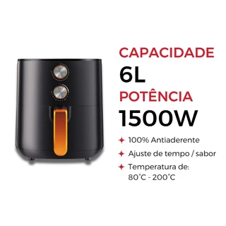 Fritadeira Elétrica Sem Óleo 6L Gaabor Air Fryer Jumbo 1500W Antiaderente Grafite Fosco Tamanho Família