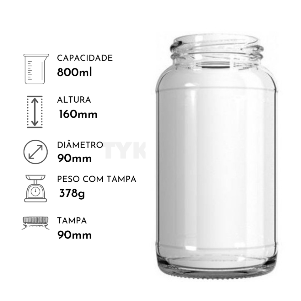 Pote de Vidro 800 ml Para Conserva,Geléia (5 Unidades com Tampa
