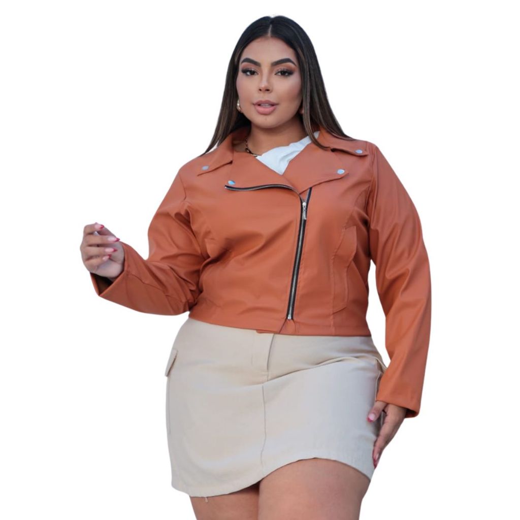 Jaqueta Feminina De Couro Plus Size Estilo Biker Jackie COM BOTÃO E ...