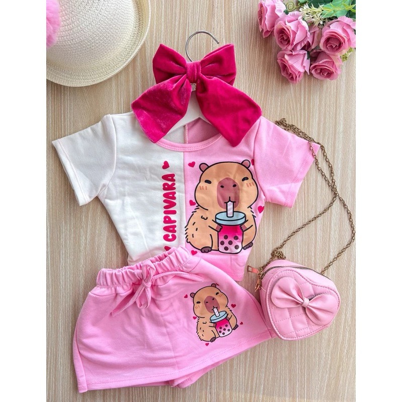 Conjunto Infantil Capivara Menina/ Conjunto Blusa e Short Saia Capivara ...