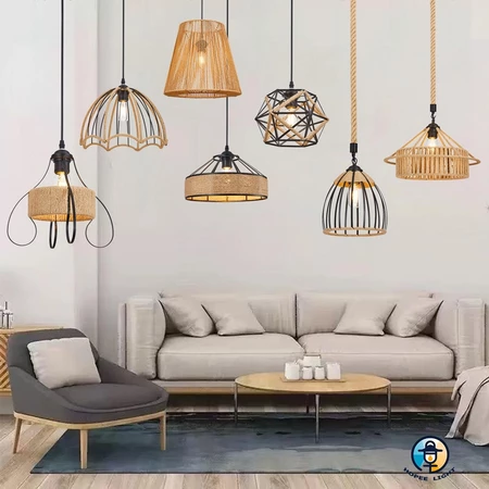 Luminária Pendente Lustre de Corda e Metal 7 Modelos Disponíveis E27 Bivolt Com ou Sem Lâmpada T45