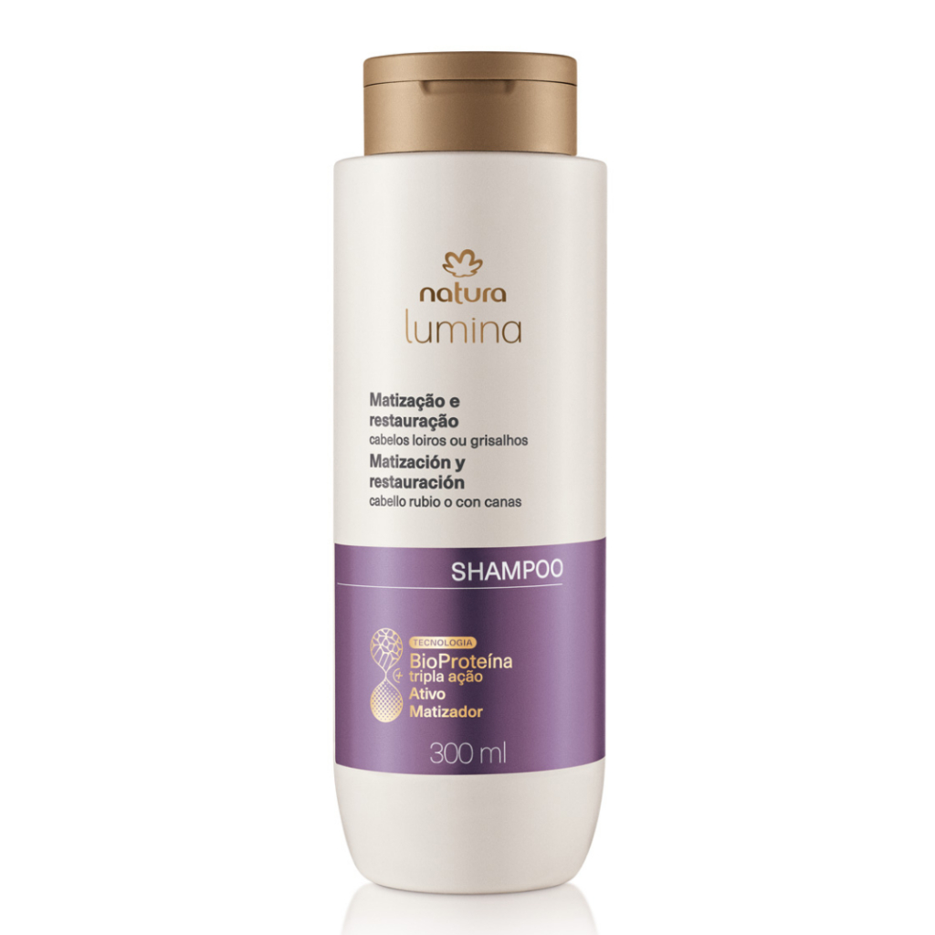 Embalagem do shampoo Lumina Matizador para cabelos loiros e grisalhos, da Natura