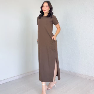 Vestido Longo 100% Algodão Moda Verão Com Bolso e Fenda em Oferta na Shopee