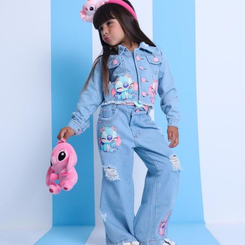 Conjunto Jeans Meninas Calça Wide Leg e Jaquetinha Coleção Stitch
